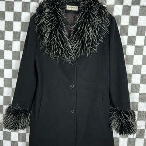 Vintage Jonathan Michael size 12, dress black white long fur trim wool pea coat